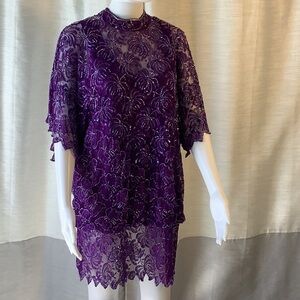 Brilliante By J.A. Purple Sequin Beaded Short Sleeve High Neck Tunic Top Sz L